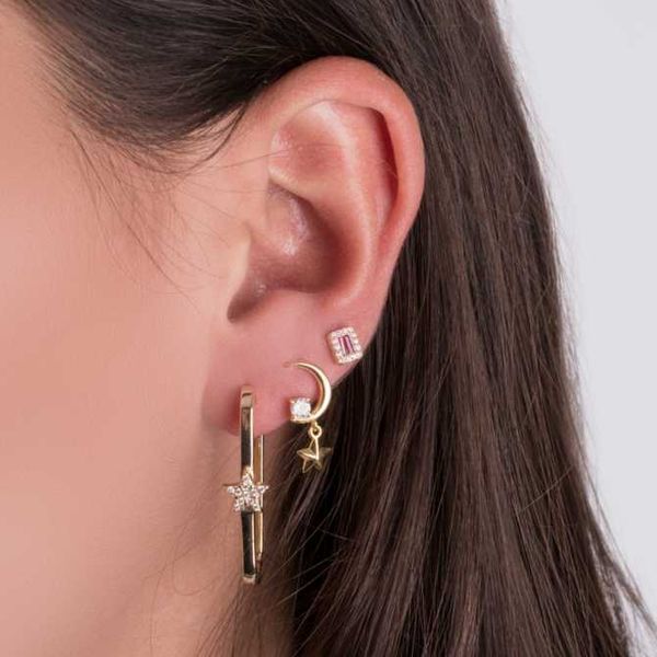 

cz star rectangle hoop earring geometric fashion women huggie hoops, Golden;silver
