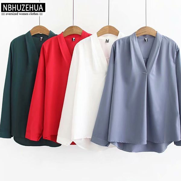

nbhuzehua 2019 spring long sleeve shirt women plus size blouse 5xl v neck solid office womens chiffon and shirts 19-a21, White