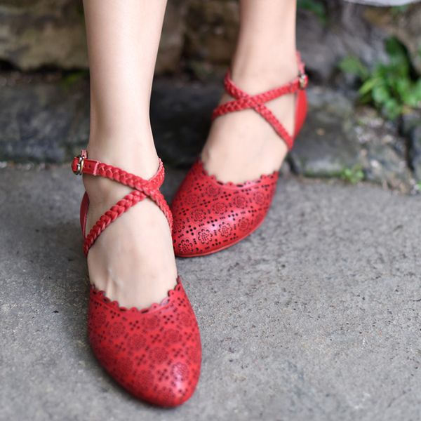 

artmu original women sandals genuine leather weaving red shoes hollow-out handmade strap buckle wedges fashion sweet shoes, Black