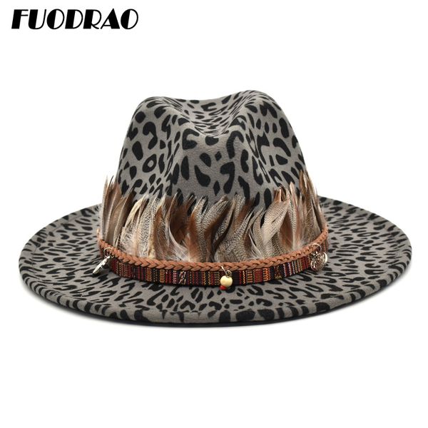 

fuodrao leopard pattern autumn and winter ladies warm wool hat tassel retro jazz hat big brim flat brim party f10, Blue;gray