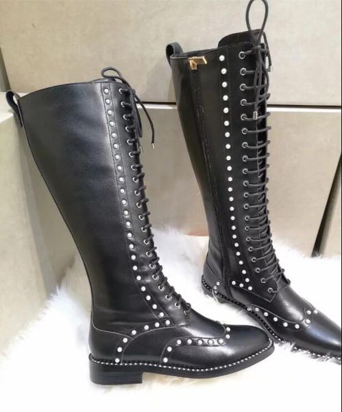 

knee boots female autumn/winter 2019 leather strap handsome thick heel pearl thin leg high boots thick soles knight military boots