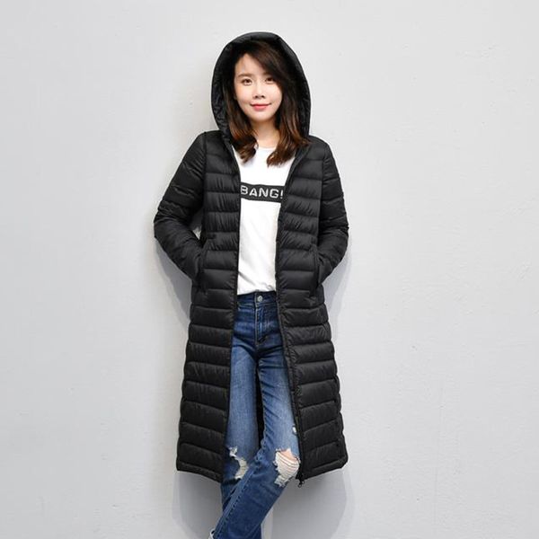 

fyyiyi 2019 korean thin light long down jackets office lady white duck down 90% women's hooded autumn winter slim coats selling, Black