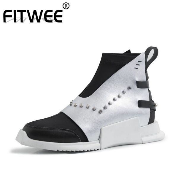 

fitwee ankle boots for women genuine leather new designer wedges shoes women winter mixed color rivets short boots size 34-39, Black