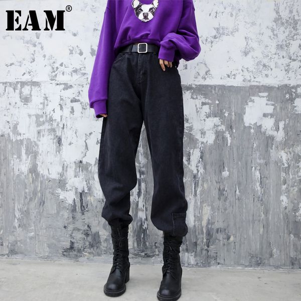 

eam] high waist gray brief loose leisure denim trousers new loose fit pants women fashion tide spring autumn 2019 1h601, Black;white