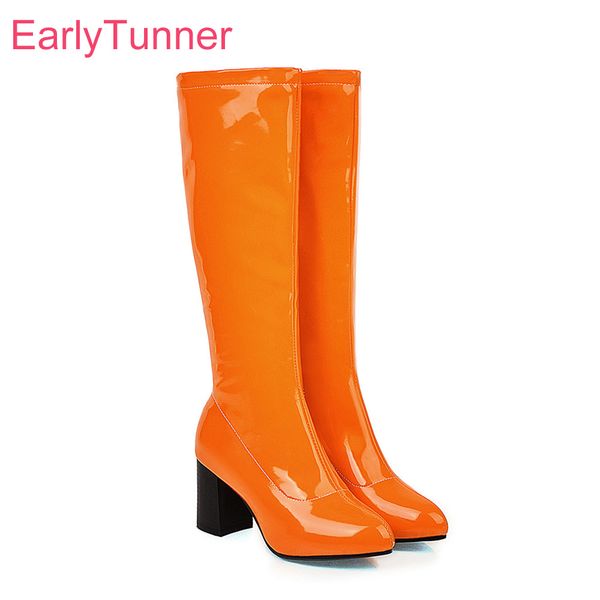 

горячие 2019 winter новый прекрасный оранжевый зеленый женщины knee high glossy boots высокие каблуки леди обувь es755 plus большой размер 1, Black