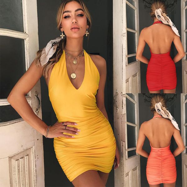 

sleeveless backless mini tight vestidos women dress 2019 summer sundress for female dresses yellow party bodycon dress lady, Black;gray