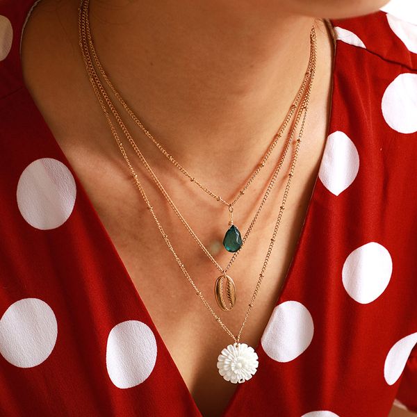 

personalized white flower shell pendant necklace charming women's multi-layer gold choker fashion green crystal party jewelry, Silver