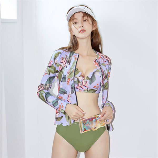 

длинные рукава rash guard три пьесы купальник женщины печати купальники zipper серфинг костюм high neck гидрокостюме push up tankini, White;black