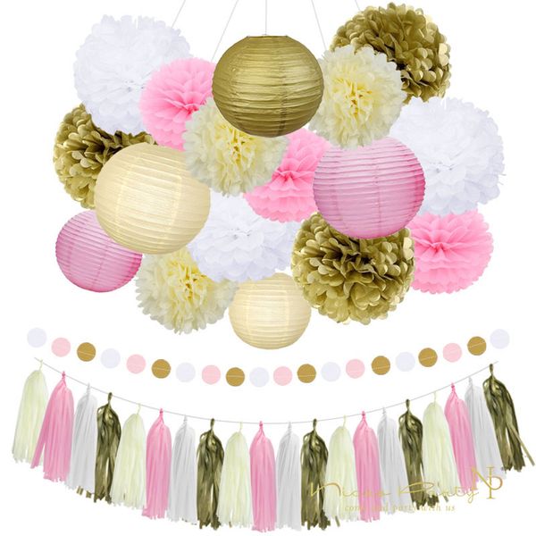 Nicro Mixed Gold Pink Ivory White Lantern Flower Tassel Hanging