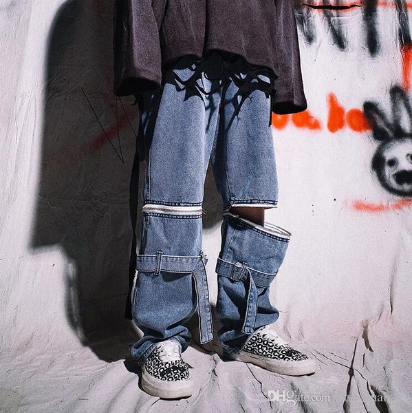 

patchwork removable zipper hip hop denim jeans men loose retro gothic skateboard trousers casual loose wide leg pants streetwear, Blue