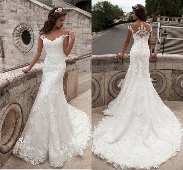 

mermaid lace appliques wedding dresses full length scoop neck bridal gowns cap sleeve bridal wedding gowns sweep train dh4176, White