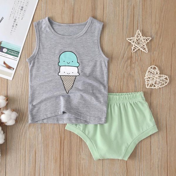 

cartoon ice cream sleeveless vest tank newborn baby boy clothes summer cotton beach shorts toddler boys clothing sets, White