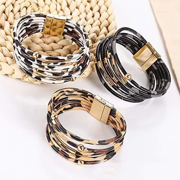 Pulseiras Leopard couro para Mulheres Multi-Layer couro wrap pulseira artesanal pulseira Cuff Bangle com Magnetic Buckle Jóias