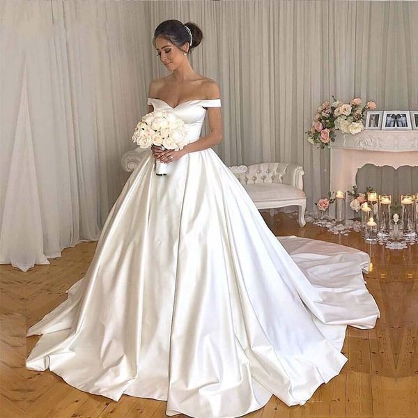 

custom made simple satin ball gown wedding dresses off shoulder court train short sleeves plus size a line wedding bridal gowns, White