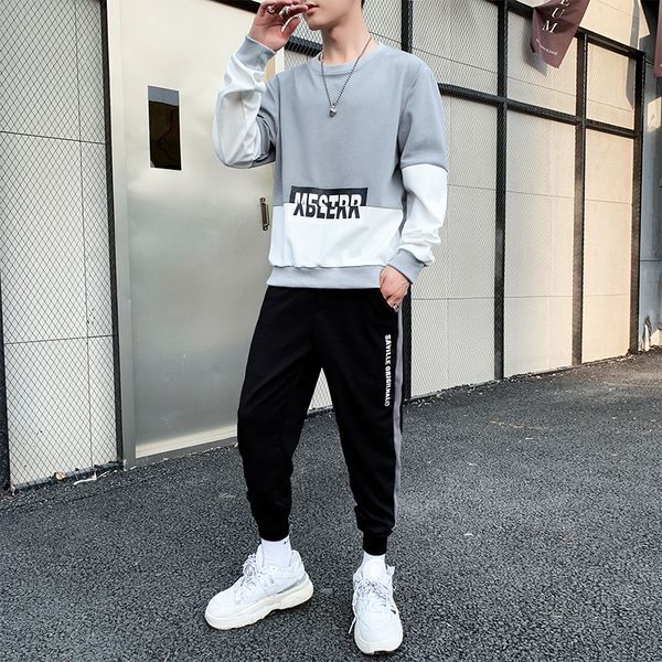 

two piece set mens new spring autumn fashion man city tracksuit cotton pants tuta sportiva uomo sportswear men set casual hh50tz, Gray