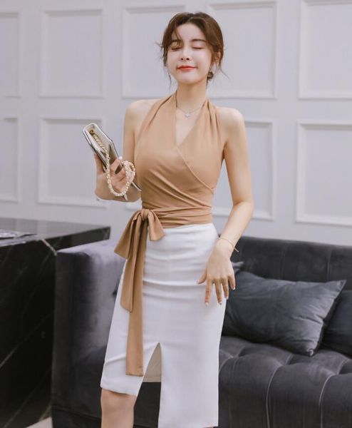 

2020 summer new women's versatile vintage v-neck halter halter open back lace up sleeveless 1331, White