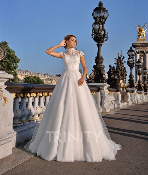 

excellent ivory tulle high neck applique a-line wedding dresses bridal pageant dresses wedding attire dresses custom size 2-18 kf1228323, White