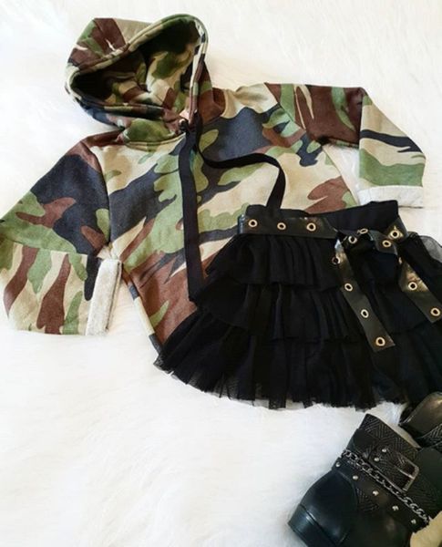 

fashion toddler infant newborn baby girl clothes camouflage hooded t-shirt skirt outfit cute, White