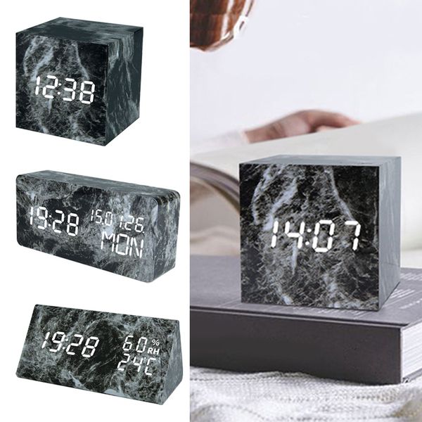 

square battery operated led usb powered bedside bedroom marble vein voice control digital display calendar electronic clock