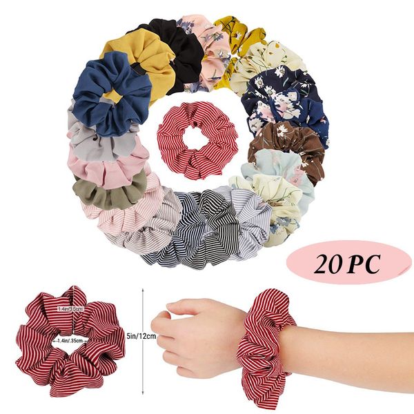 

20 pc vintage scrunchie stretch headband dot plaid scrunchies women elastic hair bands girls hair ties striped accessories, Brown