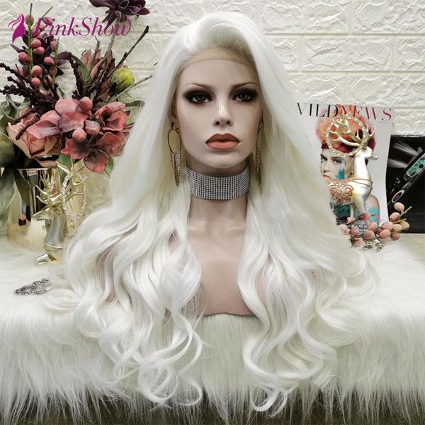 

pinkshow white wigs for women wavy synthetic lace front wig high temperature fiber glueless long lace cosplay wig, Black