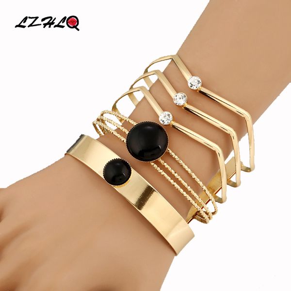 

lzhlq punk wide metal bangles for women 2019 fashion brand jewelry accessories geometric adjustable rhinestone resin cuff bangle, Black