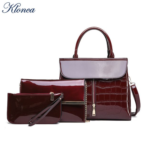 

klonca 2019 new 3pcs/set patent leather handbag pu leather composite bag female shoulder bag clutches