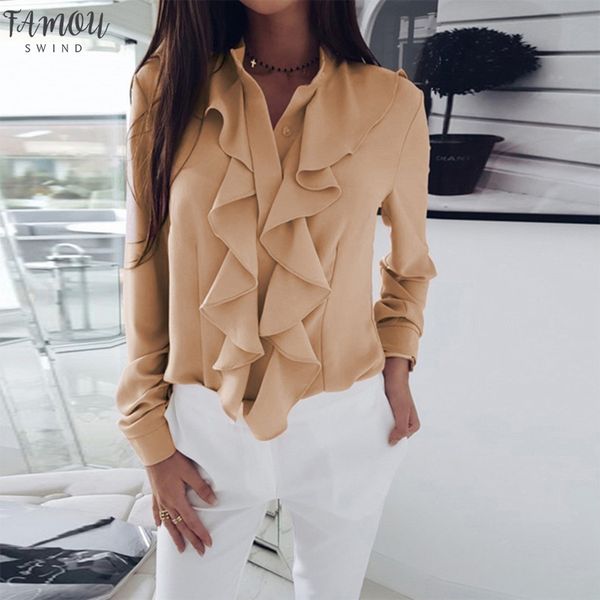 

womens clothing new women soft blouse long sleeves ruffled v neck solid color slim, White