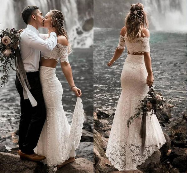 Weiße Spitze zweiteilige Strandhochzeitskleider 2019 Wunderschön aus dem Schultergarten Boho Brautkleider Vestidos de Novia Country Weddi2424