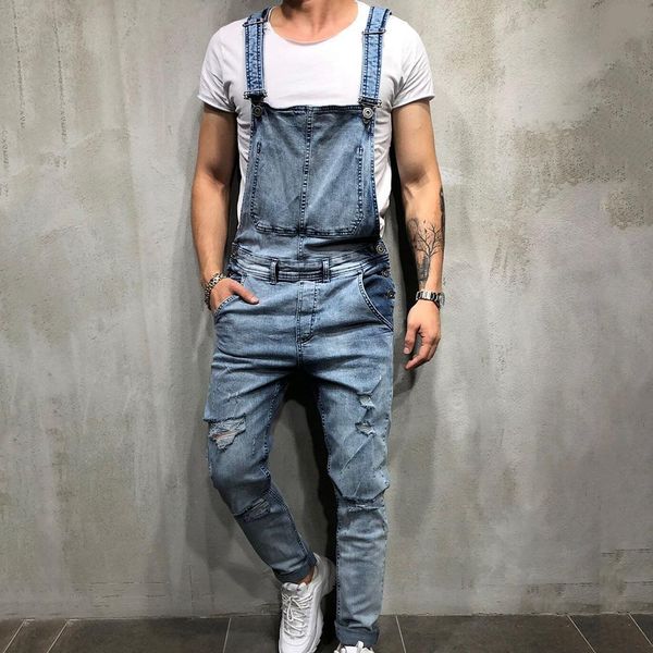 

retro summer men ripped denim overalls destroyed hole long pants jeans jumpsuit jeans men men's pants, Blue
