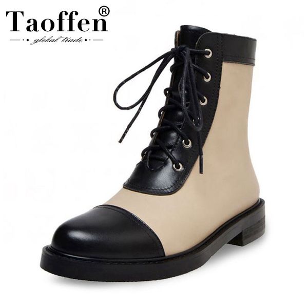 

taoffen real leather women ankle boots mixed color lacing round toe patchwork casual flats dress street women shoes size 34-39, Black