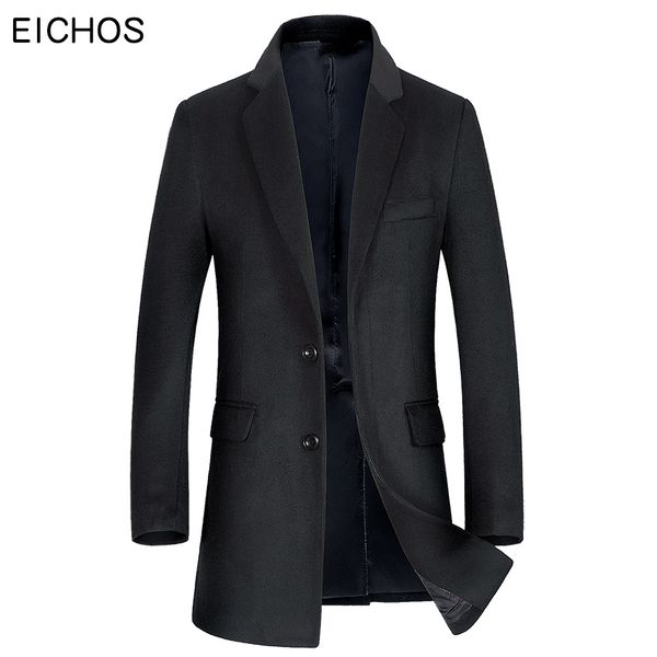 

eichos woolen peacoat men slim fit solid color overcoat long man autumn male wool blend casaco masculino, Black