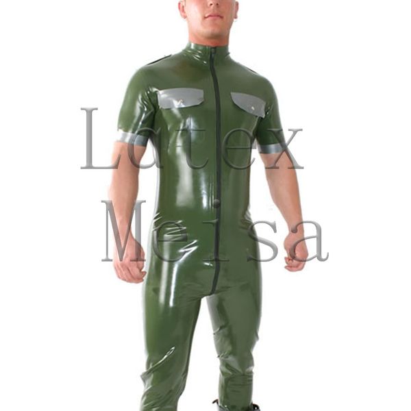 

natural 0.4mm thickness army green latex zentai men's uniform catsuit with chest pockets and attached front zip to back waist, Black