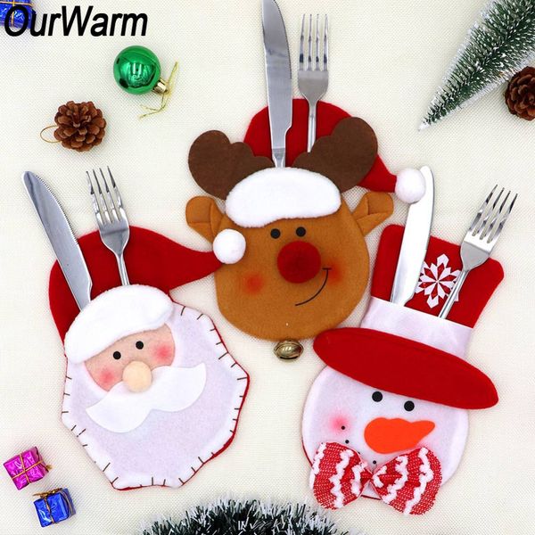 

ourwarm 3pcs large christmas cutlery bag santa claus snowman elk silverware knives forks tableware holder dinner table decor