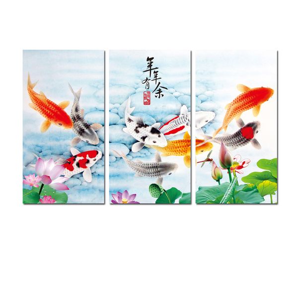 

original contemporary 3 pcs giclee print on canvas wall art china's wind feng shui koi fish painting living room office home decor hyl