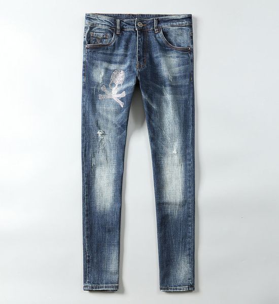 

classic tide brand jeans mens designer jeans distressed jeans boutique fashion casual pants hip hop pants skull print trousers, Blue