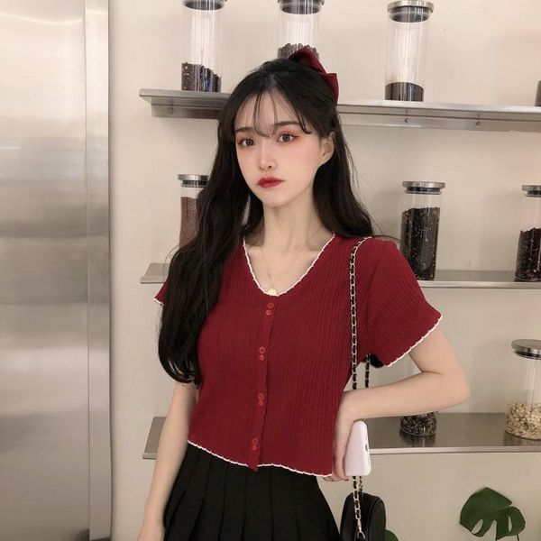 

2020v воротник короткий рукав белый тонкий кнопки -shirt оп трикотаж универсальный трикотаж тонкий топ женщин, White