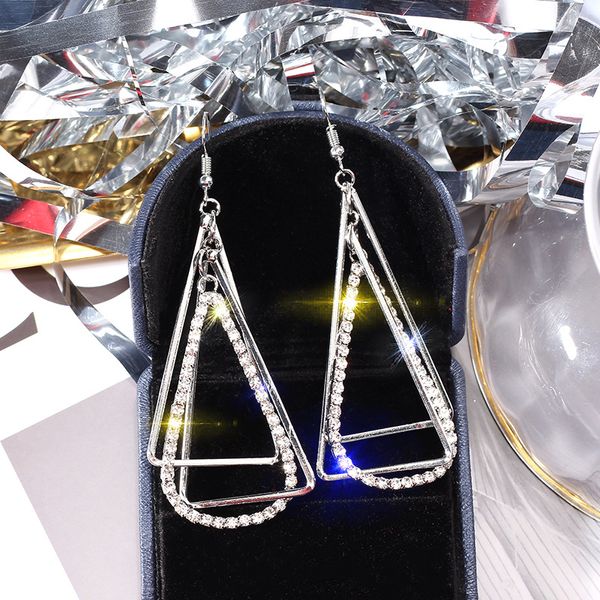 

big earrings exaggerated fashion jewelry geometry triangle hollow metal crystal earrings for women selling 2019 new l4e722, Silver