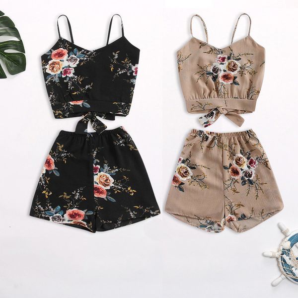 

two piece set women's stripe bandage print floral crop cami with shorts set summer clothes for women ensemble femme, Gray