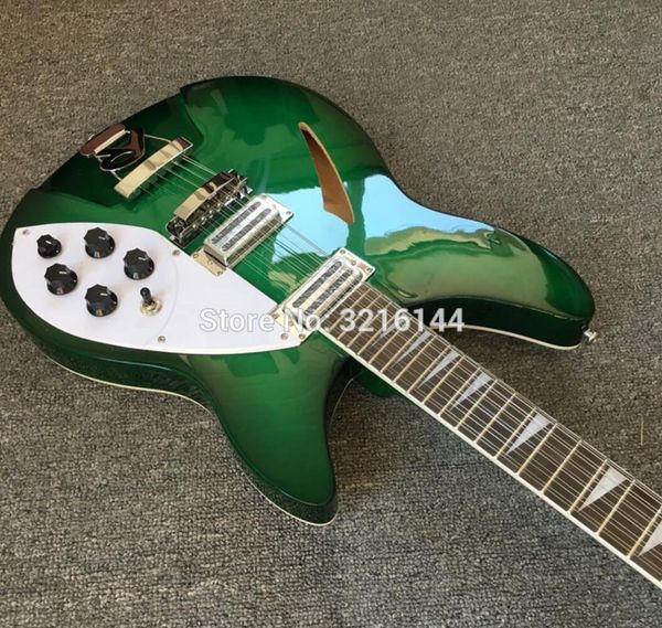 Custom RIC Trans Green Semi Hollow Body 360 330 Chitarra elettrica a 12 corde 2 pickup per tostapane, jack a doppia uscita, intarsio triangolare MOP, 5 manopole