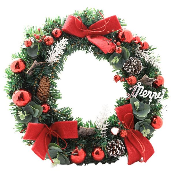 

40cm christmas wreath with pine cone ball and bowknot for front door decoration artificial flower door garland ghirlanda natale