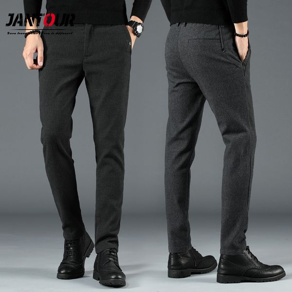

jantour brand autumn winter new 2019 slim fit straight men casual pants cotton man elastic business work long trousers plus size, Black