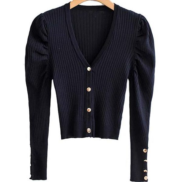 

2020 весна женщины сладкие вязаные кардиганы кнопки single puff с длинным рукавом свитера v шеи outwear, White