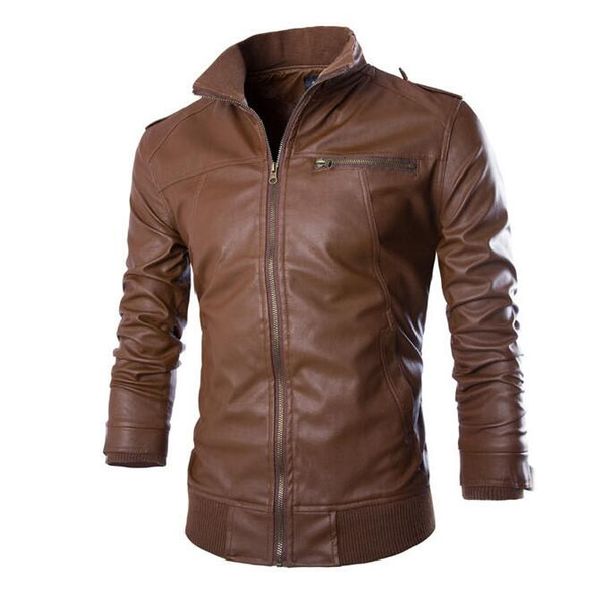 

oln mens zipper leather jacket classic style motorcycling pu leather jackets men slim male motor jacket men's clothing, Black