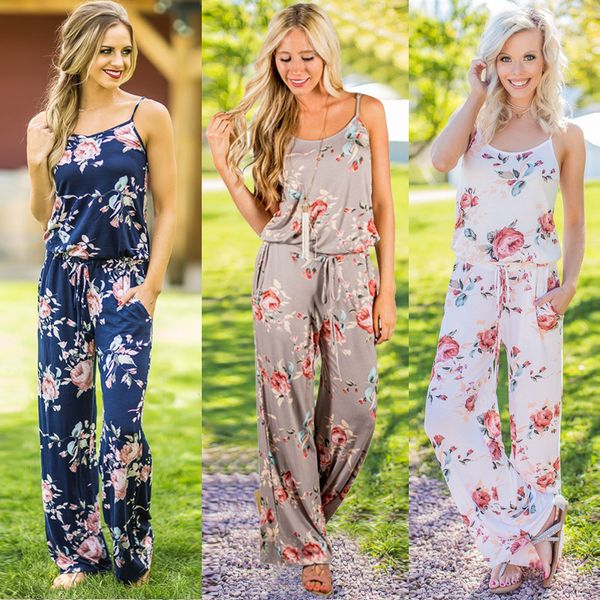 

ins women spaghetti strap floral printed romper jumpsuit sleeveless beach playsuit boho summer jumpsuits long pants slacks suspenders c42301, Blue