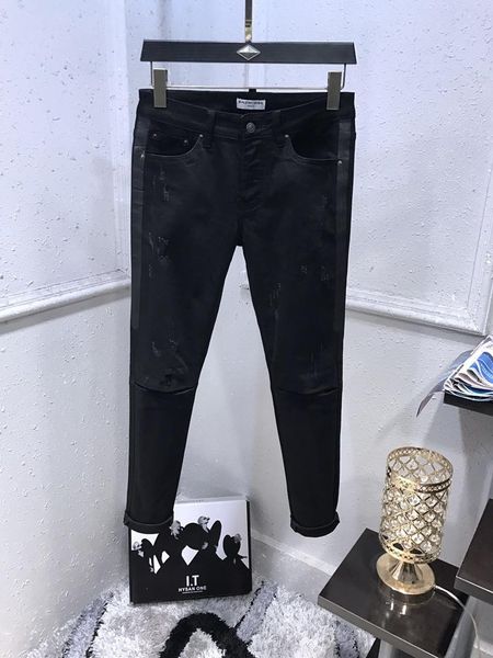 

new style jeans famous brand men's washed design casual slim summer lightweight denim stretch denim skinny jeans pants rivet hole desig, Blue