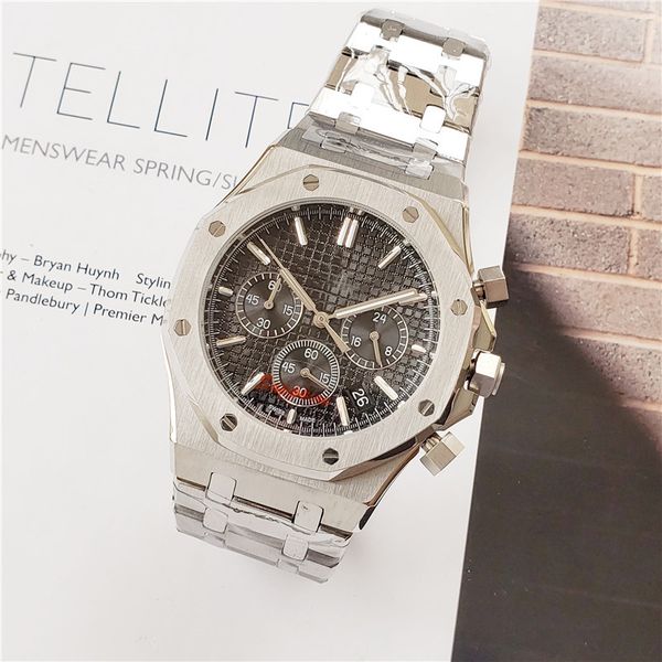 

fashion mens luxury watch black dial royal oak solid stainless steel designer watches japan quartz movement sapphire glass chrono wristwatch, Slivery;brown