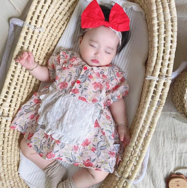 

2020 wholesale baby girls printed romper with hairband summer cotton baby jumpsuits 6-24 month qh392, Blue