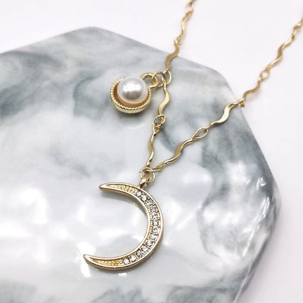 

moon pearl zircon pendant necklace for women fashion classic korean style chain necklaces trendy wedding party collares jewelry, Silver