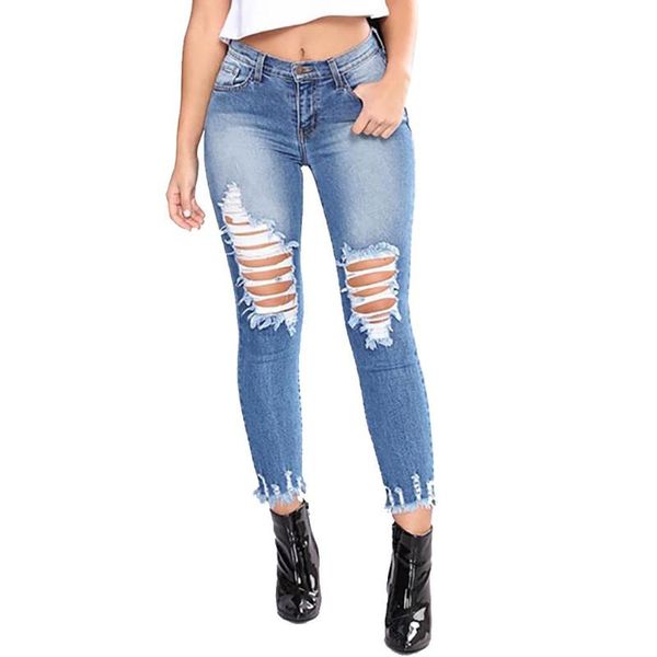 

jeans women's low waist stretch slim hole pencil feet pants jeans ladies 2020 new women's pants #yl5, Blue